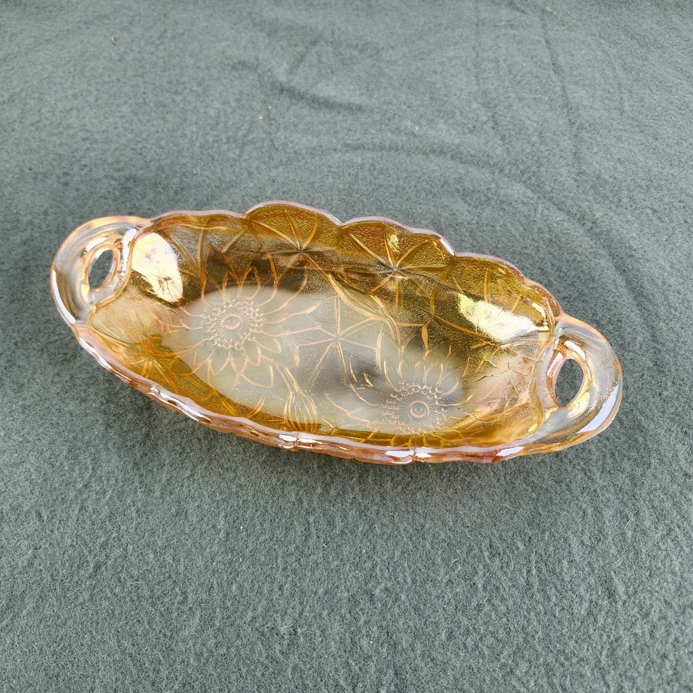 Vintage Indiana Marigold Sunflower Relish‎ Dish, Carnival Glass Amber Iridescent